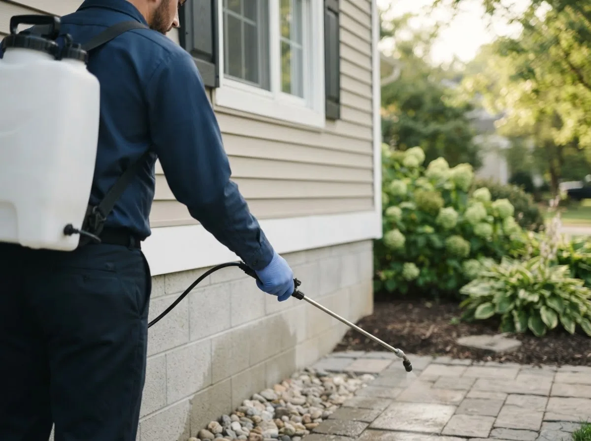 Pest control technician inspecting a home in Leggett, TX